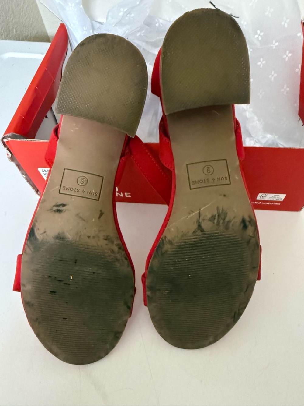 Sun + Stone Red Suede Block Heel Sandals - Picture 8 of 9